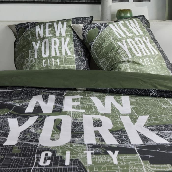 Parure de lit - TODAY - JAVA - 2 personnes - 240x220 cm - Coton - Imprimé New York - Vert