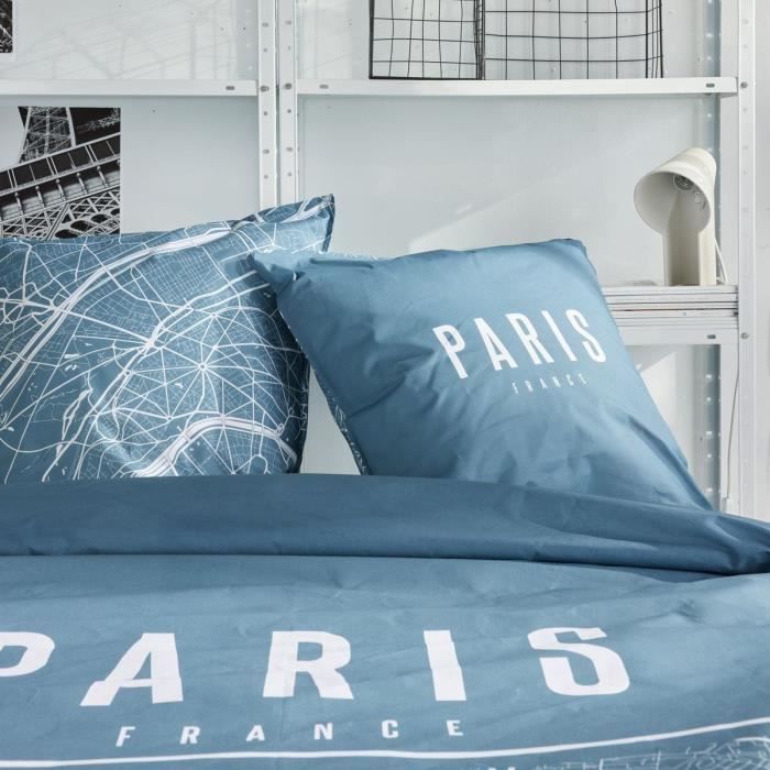 Parure de lit - TODAY - JAVA - 2 personnes - 240x220 cm - Coton - Imprimé Paris - Bleu