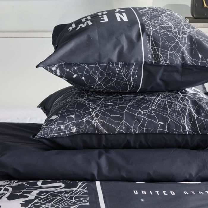 Parure de lit - TODAY - JAVA - 2 personnes - 240x220 cm - Coton - Imprimé New York - Noir