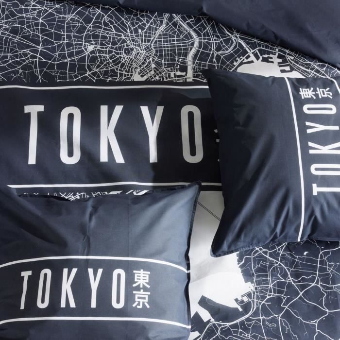 Parure de lit - TODAY - JAVA - 2 personnes - 240x220 cm - Coton - Imprimé Tokyo - Bleu foncé