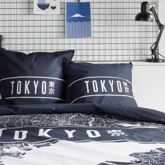 Parure de lit - TODAY - JAVA - 2 personnes - 240x220 cm - Coton - Imprimé Tokyo - Bleu foncé