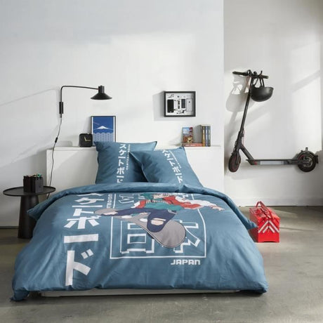 Parure de lit - TODAY - JAVA - 2 personnes - 240x220 cm - Coton - Imprimé Japan - Bleu