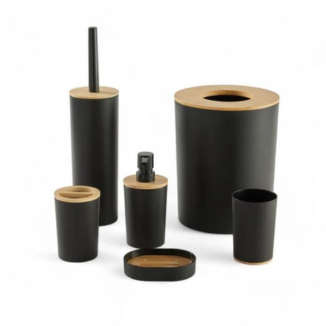 Lot de 6 acc SDB - TODAY - UTILITY - Dist savon, gobelet, porte-brosse a dents, porte savon, brosse WC, poubelle - Black