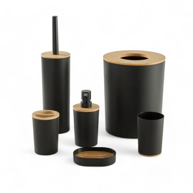 Lot de 6 acc SDB - TODAY - UTILITY - Dist savon, gobelet, porte-brosse a dents, porte savon, brosse WC, poubelle - Black