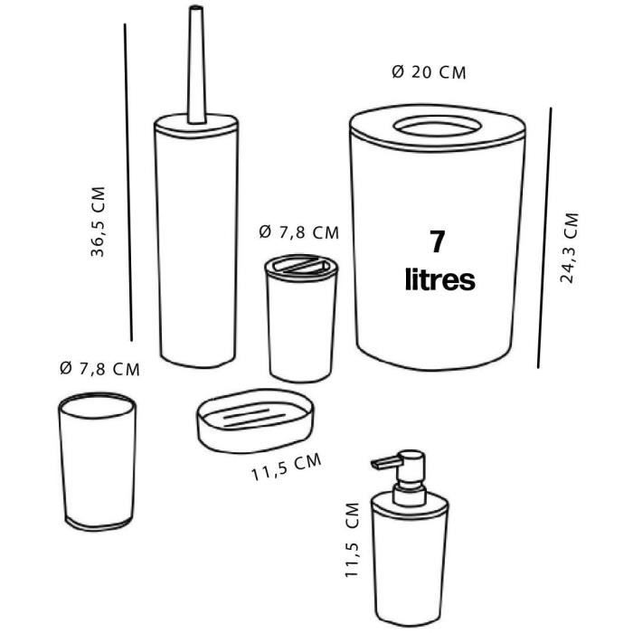 Lot de 6 acc SDB - TODAY - UTILITY - Dist savon, gobelet, porte-brosse a dents, porte savon, brosse WC, poubelle - White