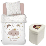 Ensemble parure de lit enfant + coffre de rangement pouf pliable - TODAY - ARC EN CIEL - 140 x 200 cm - Coton