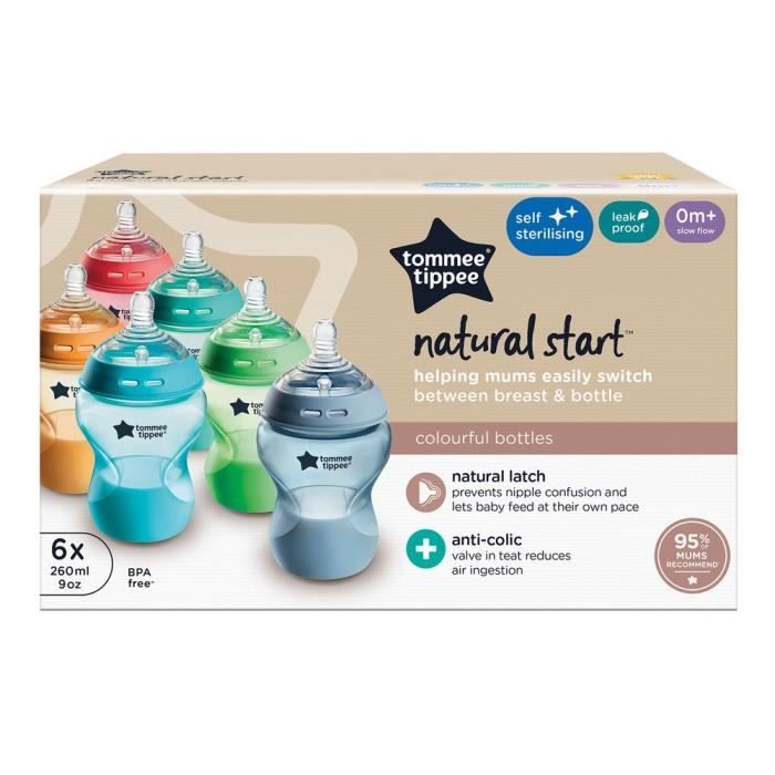 Tommee Tippee Biberon Anti-colique Natural Start - Colorée - 260ml - Lot de 6