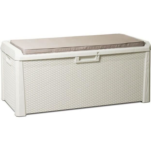 Banc coffre de jardin SANTORINI PLUS - Résine - Capacité 550L - Blanc