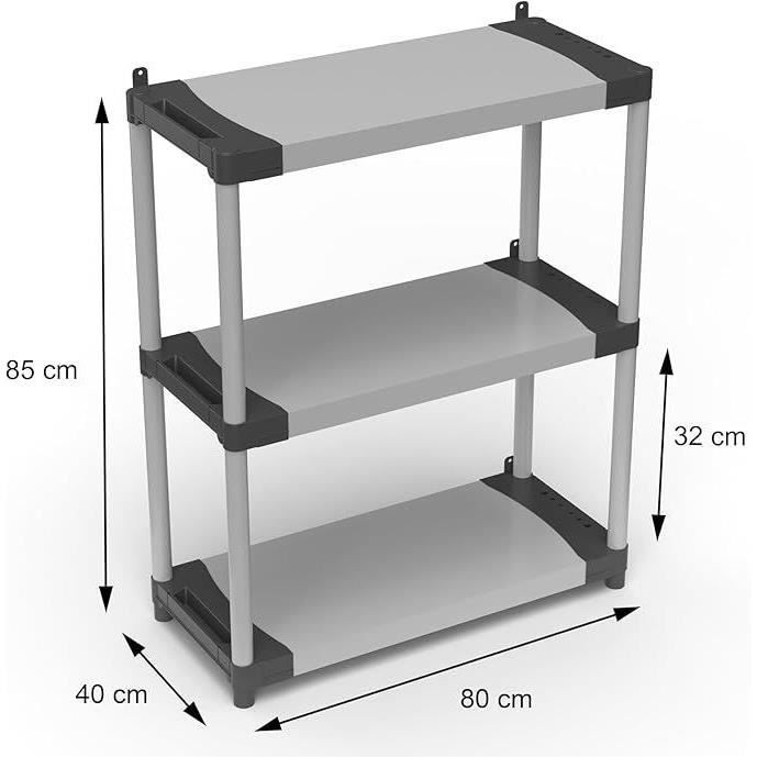 Étagere plastique - TOOD - 3 tablettes - Charge 80 kg par tablette - 80x40x85 cm - Noir/gris