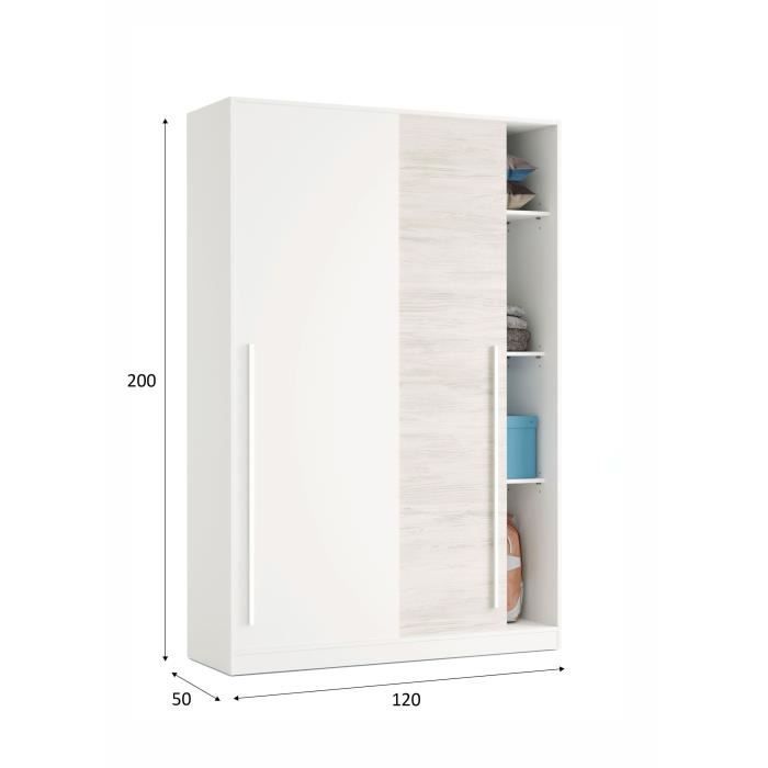 Armoire TOP - Décor blanc artik et chene nodi - 2 Portes coulissantes - H200 x L121 x P50 cm