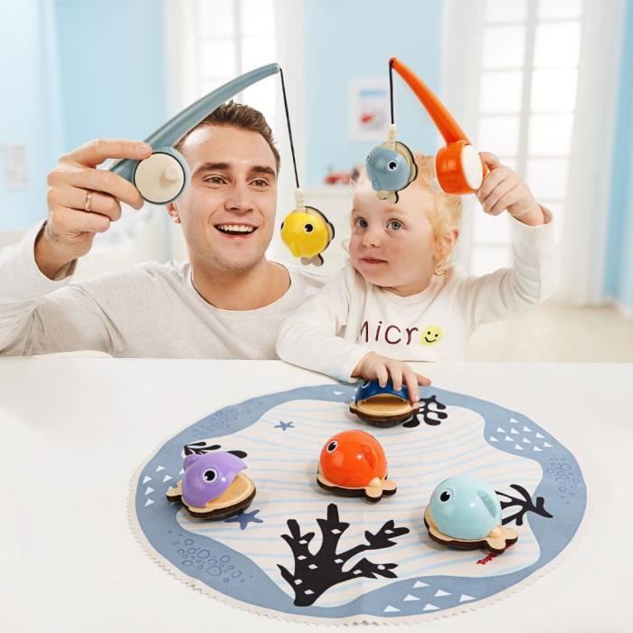Attrape les Poissons, jeu éducatif, 6 poissons magnétiques, 2 cannes a peche, tapis en tissu, Pour enfant des 2 ans, TOP BRIGHT