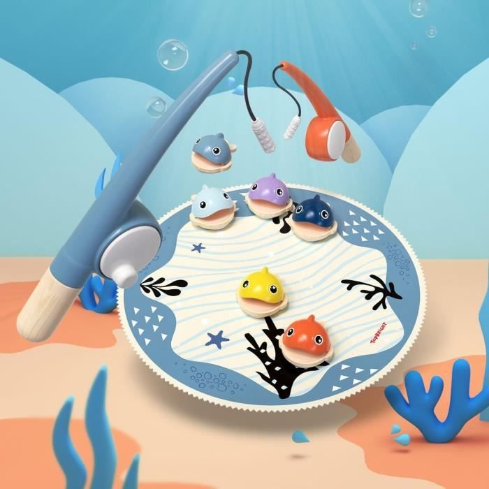 Attrape les Poissons, jeu éducatif, 6 poissons magnétiques, 2 cannes a peche, tapis en tissu, Pour enfant des 2 ans, TOP BRIGHT