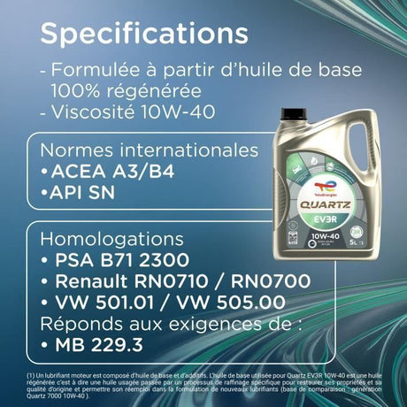 Huile moteur - TOTALENERGIES - Quartz EV3R 10W-40 - 5L