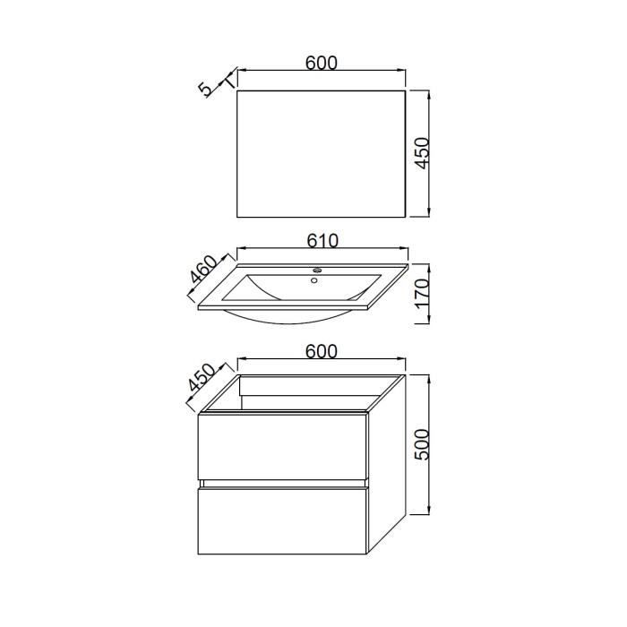 TOTEM Salle de bain 60cm - 2 tiroirs fermetures ralenties - simple vasque en cÈramique + miroir
