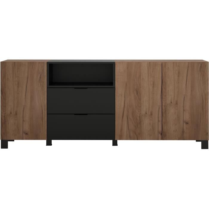 Buffet KENDO - Décor chene ambré et noir mat -  3 portes + 2 Tiroirs - L185 x P40 x H78 cm - TRENDTEAM