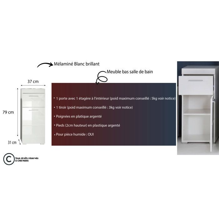 Meuble de salle de bain Rangement bas - 1 porte & 1 tiroir - Blanc - L 37 x P 31 x H 79 cm - AMANDA