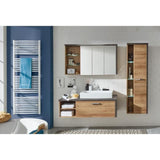 BAY Salle de bain complete : Armoire+colonne+meuble avec vasque+miroirs - MÈlaminÈ chene et bÈton - L186 x P53 x H198 cm -