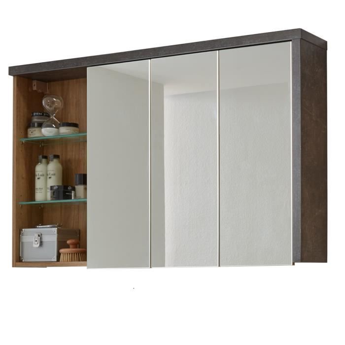 BAY Salle de bain complete : Armoire+colonne+meuble avec vasque+miroirs - MÈlaminÈ chene et bÈton - L186 x P53 x H198 cm -