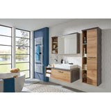 BAY Salle de bain complete : Armoire+colonne+meuble avec vasque+miroirs - MÈlaminÈ chene et bÈton - L186 x P53 x H198 cm -