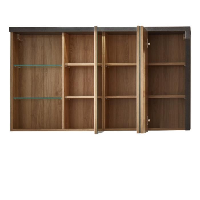 BAY Salle de bain complete : Armoire+colonne+meuble avec vasque+miroirs - MÈlaminÈ chene et bÈton - L186 x P53 x H198 cm -