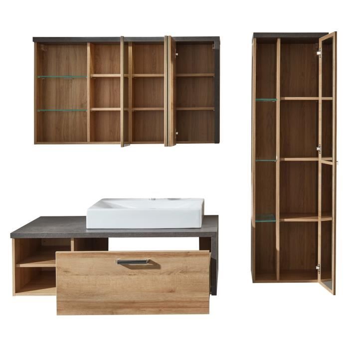 BAY Salle de bain complete : Armoire+colonne+meuble avec vasque+miroirs - MÈlaminÈ chene et bÈton - L186 x P53 x H198 cm -