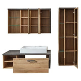 BAY Salle de bain complete : Armoire+colonne+meuble avec vasque+miroirs - MÈlaminÈ chene et bÈton - L186 x P53 x H198 cm -