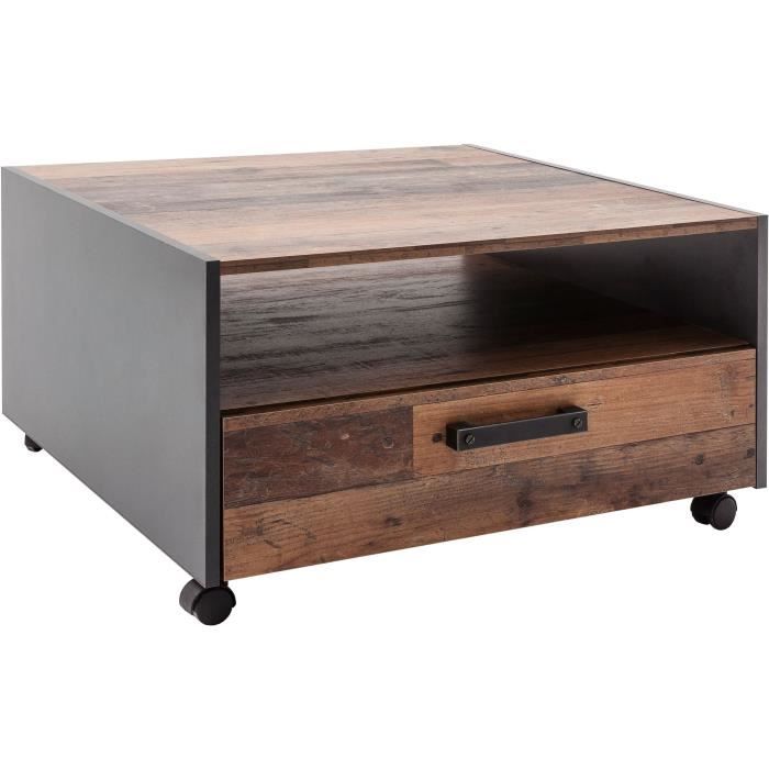 Table basse carré a roulette - Panneaux de particules - Décor bois vieilli et gris - Double plateau -1 Tiroir - L70 x P70 x H40 cm