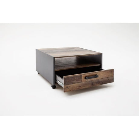 Table basse carré a roulette - Panneaux de particules - Décor bois vieilli et gris - Double plateau -1 Tiroir - L70 x P70 x H40 cm