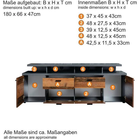 Meuble TV MOOD 2 portes et 2 tiroirs - Mélaminé bois vieilli et gris mat - L  180 x 47 x 66 cm