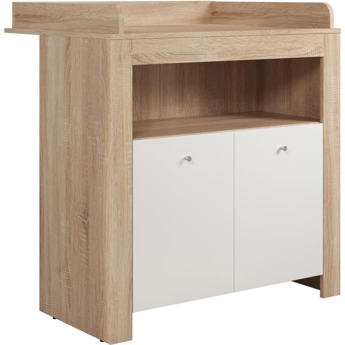 Chambre bébé duo PIA - Lit 70x140 cm + Commode a langer 2 portes - Décor chene sonoma et blanc mat - TRENDTEAM