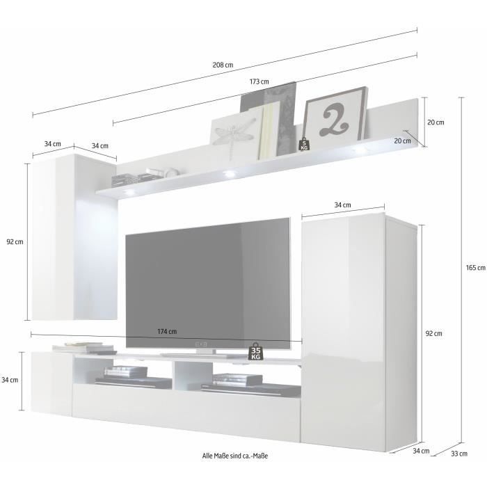 Ensemble meuble TV DOS - éclairage LED inclus - 3 Portes - Mélamine blanc mat et brillant - L208 x P33 x H165 cm