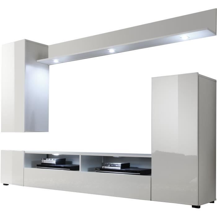 Ensemble meuble TV DOS - éclairage LED inclus - 3 Portes - Mélamine blanc mat et brillant - L208 x P33 x H165 cm
