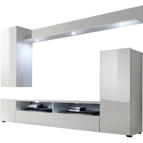Ensemble meuble TV DOS - éclairage LED inclus - 3 Portes - Mélamine blanc mat et brillant - L208 x P33 x H165 cm