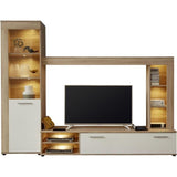 Ensemble meuble TV 3 pieces LOGO - 1 Porte - LED - Mélamine chene clair et blanc mat - L240 x P41 x H185 cm - TRENDTEAM