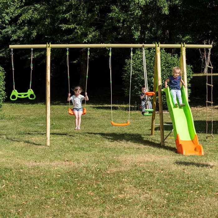 Station de jeux bois poutre mÈtal TECHWOOD MAKUTA 2,30 m + toboggan 8 enfants