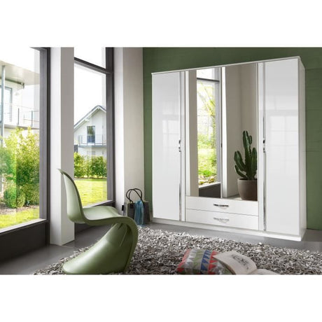 Armoire 4 portes battantes + miroirs - Blanc brillant - L180 x P56 x H199 cm - TRIO