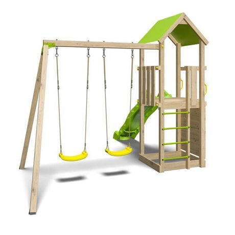 TRIGANO Aire de jeux en bois SMART XPERIENCE - 2 balancoires 1 toboggan 1 mur d'escalade - 7 enfants