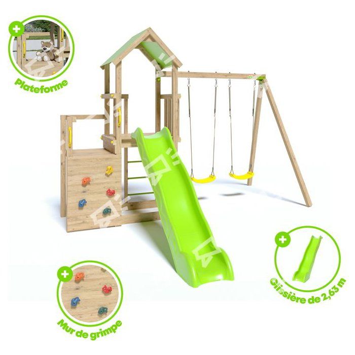 TRIGANO Aire de jeux en bois 2,20 m ULTRA XPERIENCE -  Mur d'escalade toboggan et balançoires - 8 enfants
