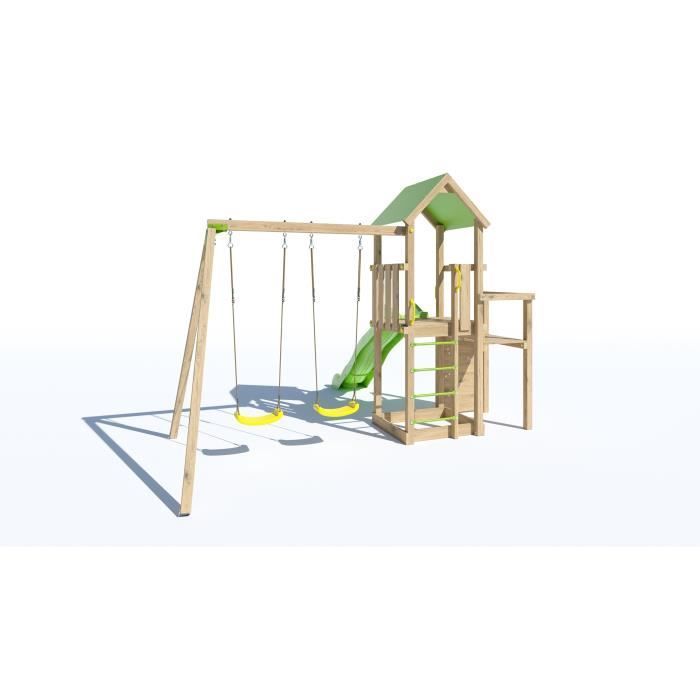 TRIGANO Aire de jeux en bois 2,20 m ULTRA XPERIENCE -  Mur d'escalade toboggan et balançoires - 8 enfants