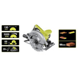RYOBI - Scie circulaire 1 400 W - 1 lame diam. 190 mm 20 dents, 1 guide parallele, 1 buse d'aspiration et clé de service - RCS1400-G