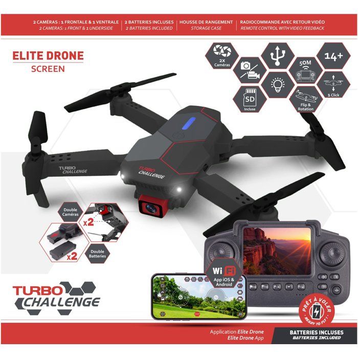 Drone RC en valisette - TURBO CHALLENGE - 400329 - Double caméra - Télécommande écran - Des 14 ans