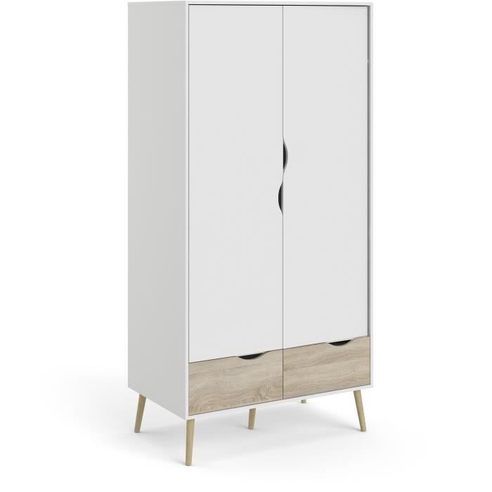 Armoire - Blanc / Chene - 2 portes / 2 tiroirs - Pietement évasé en bois massif - Chambre - 98,7 x 58,1 x 200,1 cm