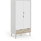 Armoire - Blanc / Chene - 2 portes / 2 tiroirs - Pietement évasé en bois massif - Chambre - 98,7 x 58,1 x 200,1 cm ARO