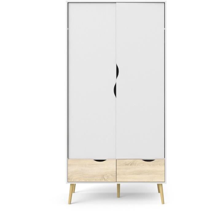 Armoire - Blanc / Chene - 2 portes / 2 tiroirs - Pietement évasé en bois massif - Chambre - 98,7 x 58,1 x 200,1 cm ARO