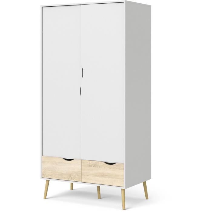 Armoire - Blanc / Chene - 2 portes / 2 tiroirs - Pietement évasé en bois massif - Chambre - 98,7 x 58,1 x 200,1 cm ARO