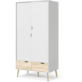 Armoire - Blanc / Chene - 2 portes / 2 tiroirs - Pietement évasé en bois massif - Chambre - 98,7 x 58,1 x 200,1 cm ARO