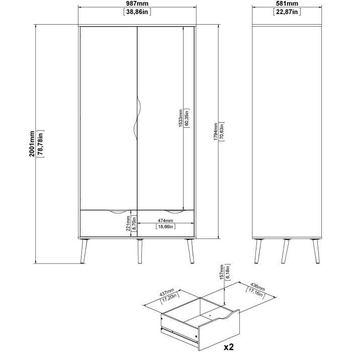Armoire - Blanc / Chene - 2 portes / 2 tiroirs - Pietement évasé en bois massif - Chambre - 98,7 x 58,1 x 200,1 cm ARO