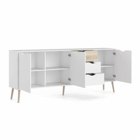 Buffet - Blanc / Chene - 3 portes / 3 tiroirs - Pietement évasé en bois massif - 195,7 x 39,1 x 81,7 cm