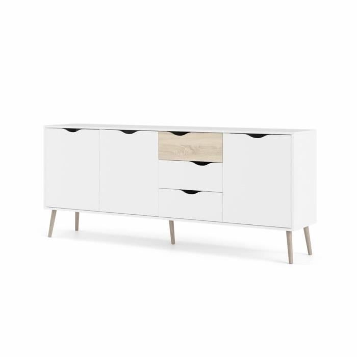 Buffet - Blanc / Chene - 3 portes / 3 tiroirs - Pietement évasé en bois massif - 195,7 x 39,1 x 81,7 cm