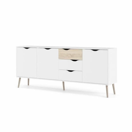 Buffet - Blanc / Chene - 3 portes / 3 tiroirs - Pietement évasé en bois massif - 195,7 x 39,1 x 81,7 cm